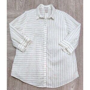 Chico's Linen Shirt Size 3 White Tan Striped Button Front 3/4 Sleeve Women's